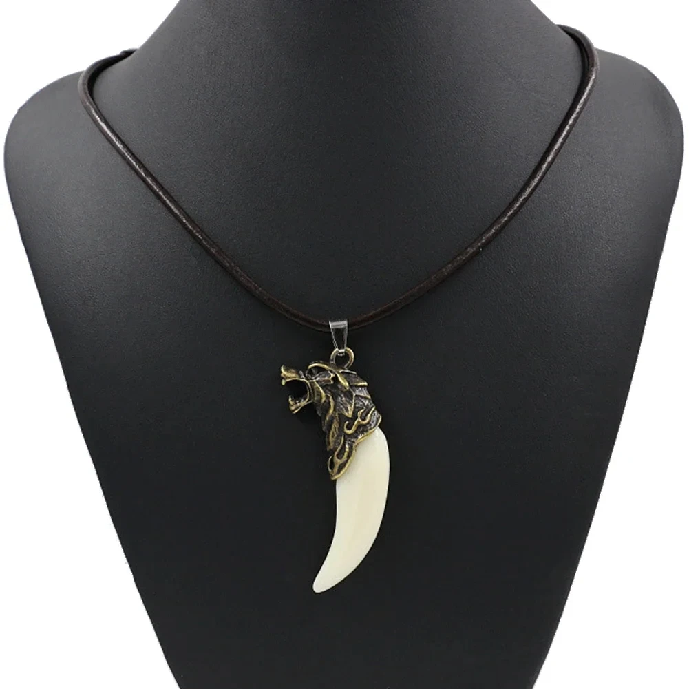 Men Women's Goth Vintage Wolf Tooth Pendant Leather Beaded Weaved Prayer Necklace Fashion Jewelry Necklaces 1PC