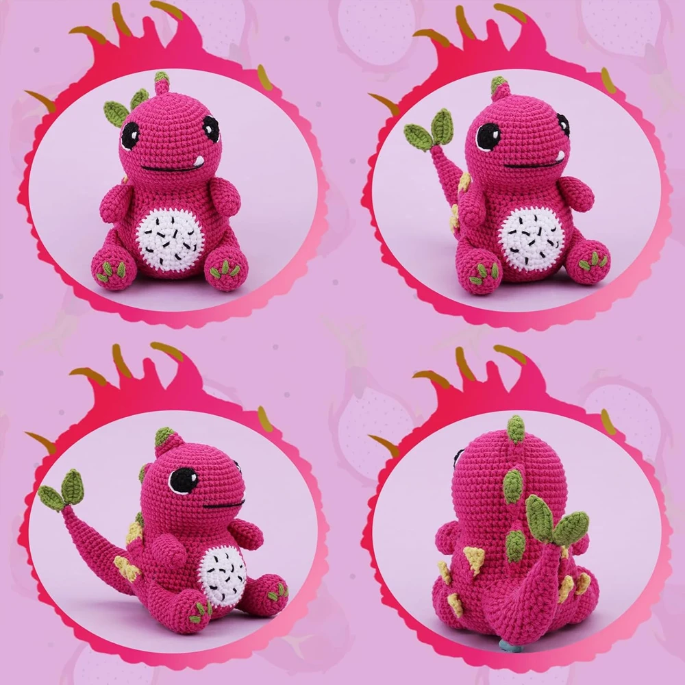 Zxiixz Crochet Animal Kit Dragon Fruit Color Knitting Kit with Step-by-Step Video Tutorials Yarn Crochet Hooks