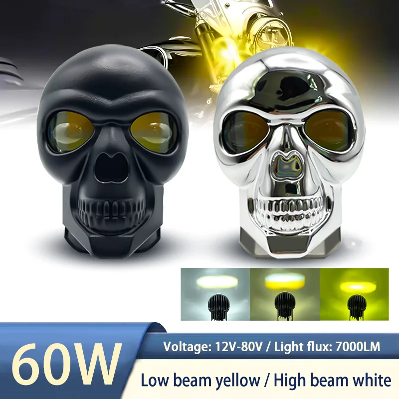 60W Dual Color Motorcycle Skull Spotlights Headlight White Yellow Motorcycle LED Auxiliary Light High/Low Beam Headlight