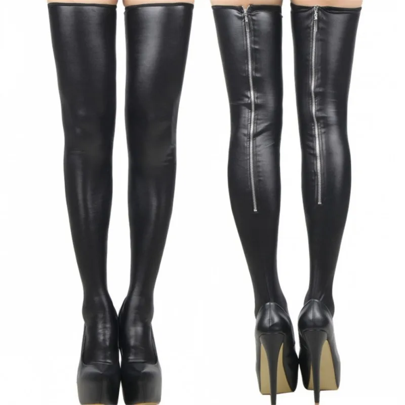 Punk Style Women's Faux Leather Black Stockings Plus Size Zipper Sexy Anti slip Stockings Night