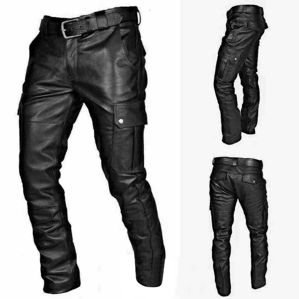 Calças de couro da motocicleta primavera verão dos homens lápis calças retro goth magro casual longo falso moda casual cor sólida