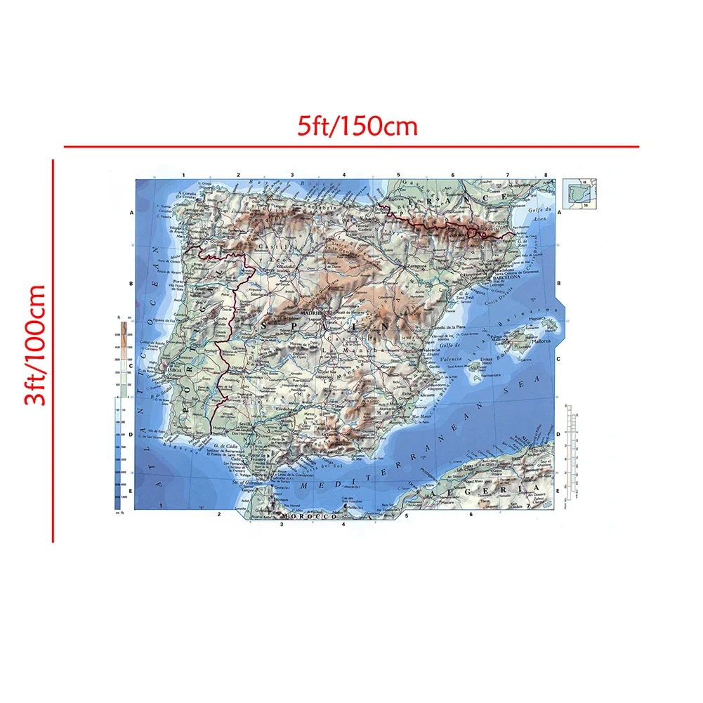 World map poster Orographic Map of The Spain Non-woven Canvas Painting Wall Art Poster and Prints School Supplies Home Decoration 150*100cm