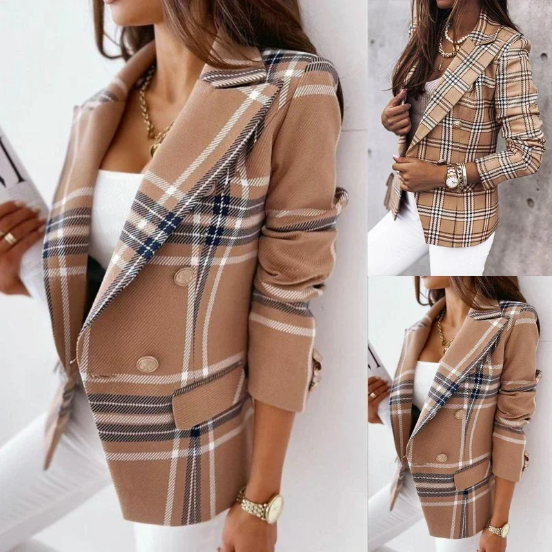 Women Plaid Print Blazers Fashion Coats Autumn Winter 2022 Long Sleeve Double-breasted Jacket Blazers for Women Elegant Stylish  tesco fashion plaid women s blazers