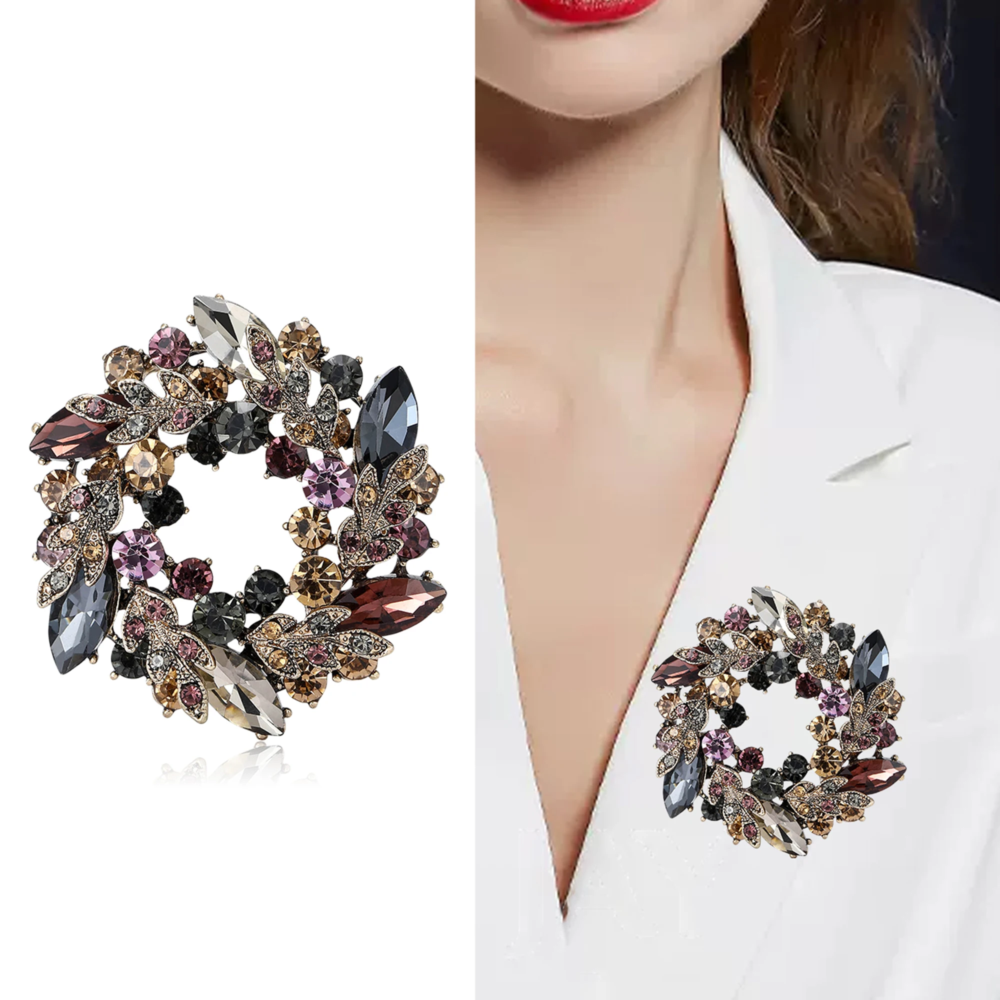 Rhinestone Wreath Brooch for Women Unisex Gemstone Wheat Ear Glass Plant Pin Event Party Backpack Decoration Clothes Accessories