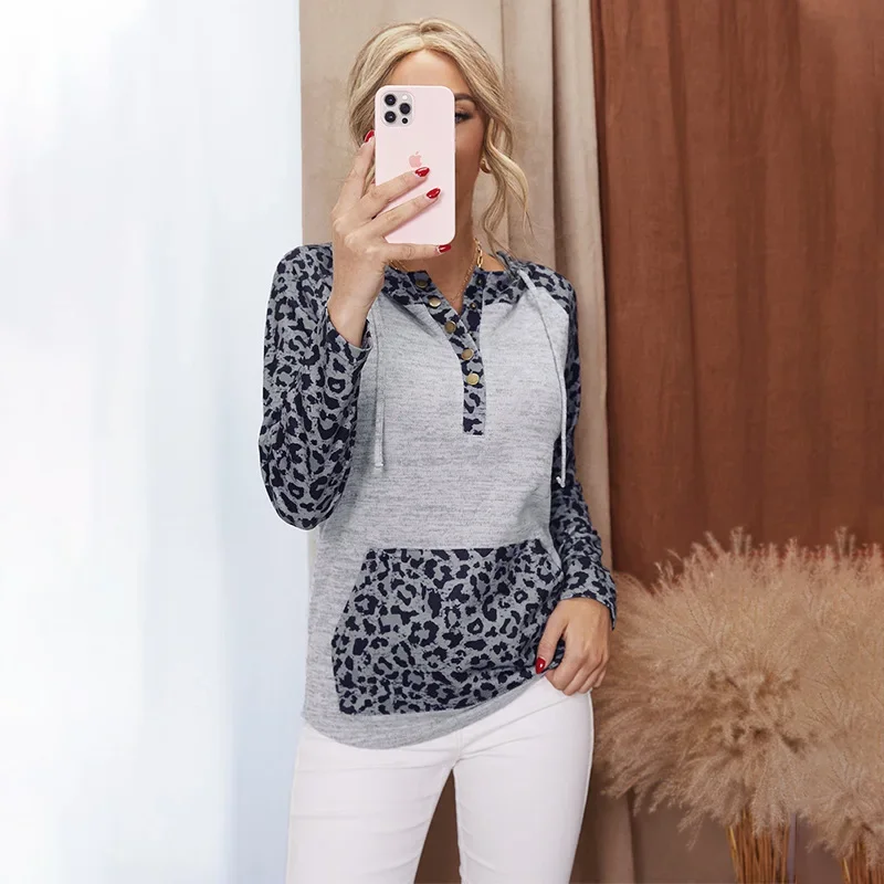 Women Sweatshirts Casual Hooded Collar Loose Pocket Pullover 2024 Spring Autumn Fashion Leopard Patchwork Long Sleeve Lady Tops