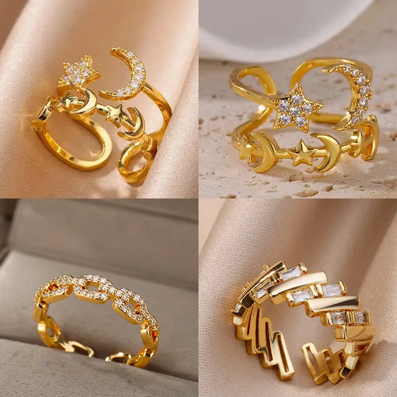 Zircon Star Moon Rings For Women Gold Color Adjustable Stainless Steel Ring