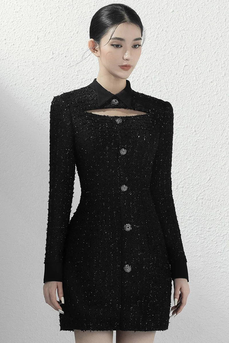 tailor shop little black  dress female light luxury dress Semi-Formal Dresses princess dress black keyhole tweed dress