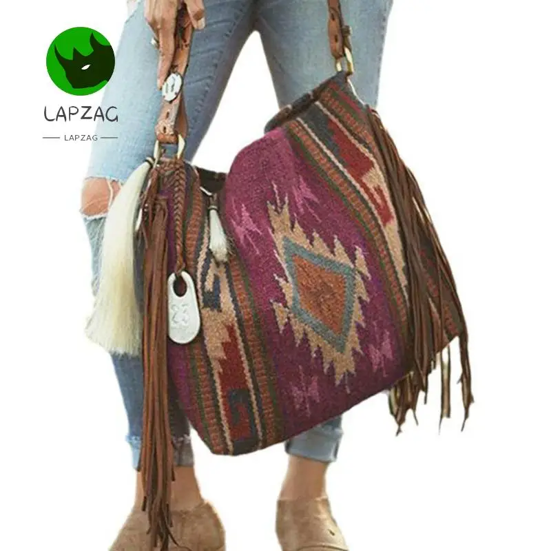 Lapzag Bohemian style handmade Tassel Shoulder Bag for Women ladies' National multicolor Cotton And Linen handbag Bag for female