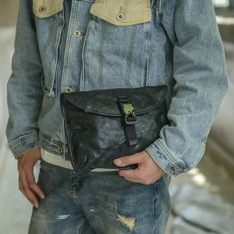 Fashion luxury genuine leather men daily outdoor chest bag casual first layer cowhide black sports lightweight messenger bag