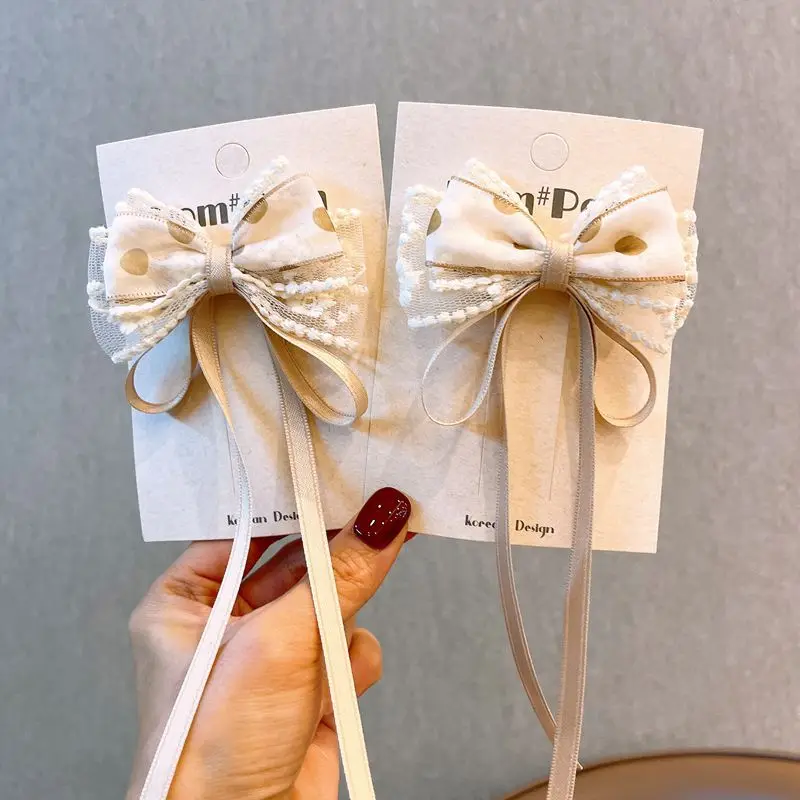2-teiliges Haarspangen-Set für Mädchen, gepunktetes Garn, Spitze, Schleife, Band, niedlich, Kawaii, süße Haarspangen, modische Haar-Accessoires für Kinder – Detail 1