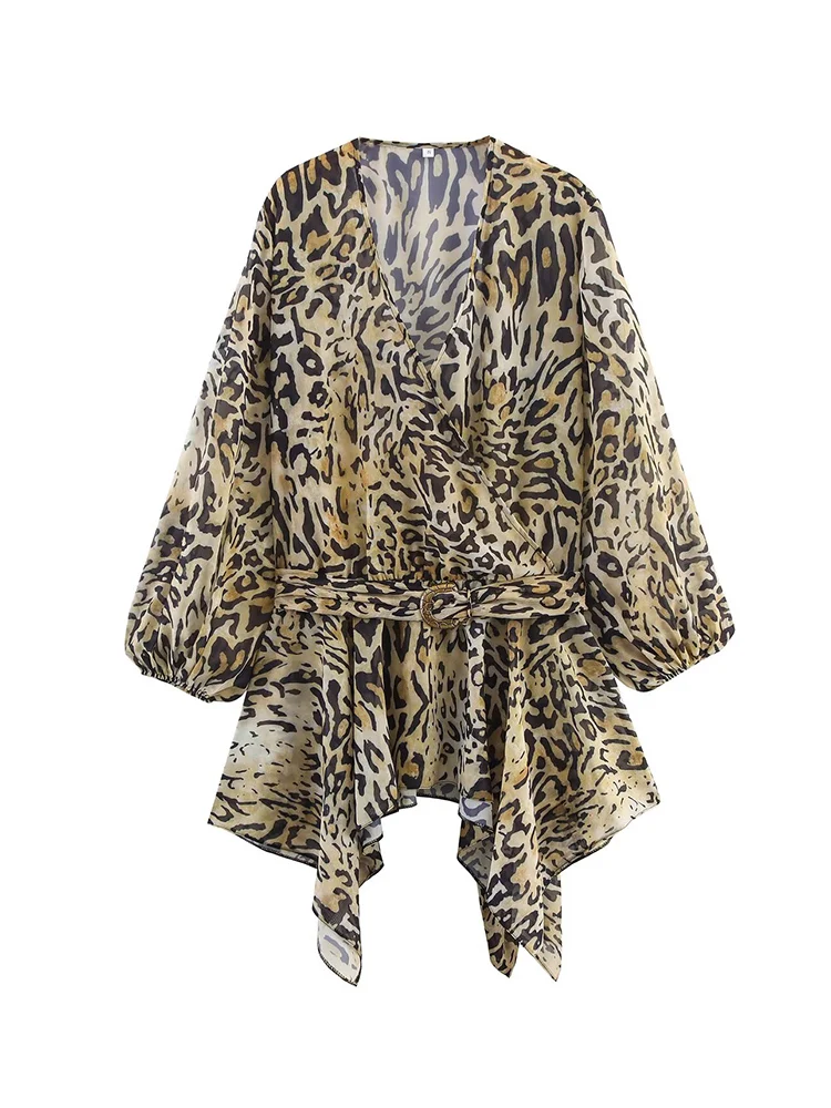 Women Asymmetrical Slim Fit Blouse With Belt Vintage Elegant Long Sleeve V-neck Chic Sexy Thin Top Autumn Printed Women Clothing