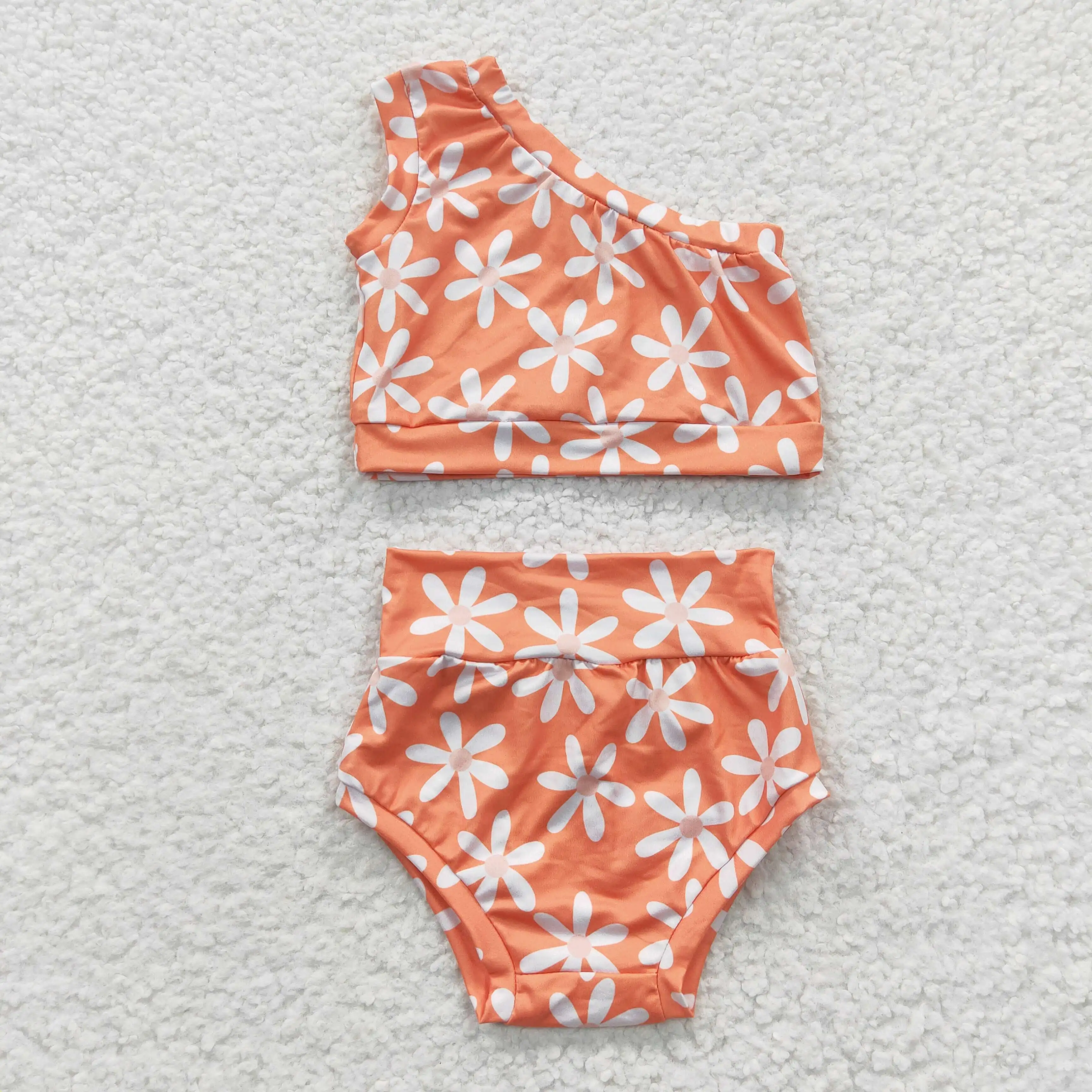 

Wholesale Clothings Kids Baby Girl Clothes Loungewear White Flower Orange Briefs Set Summer