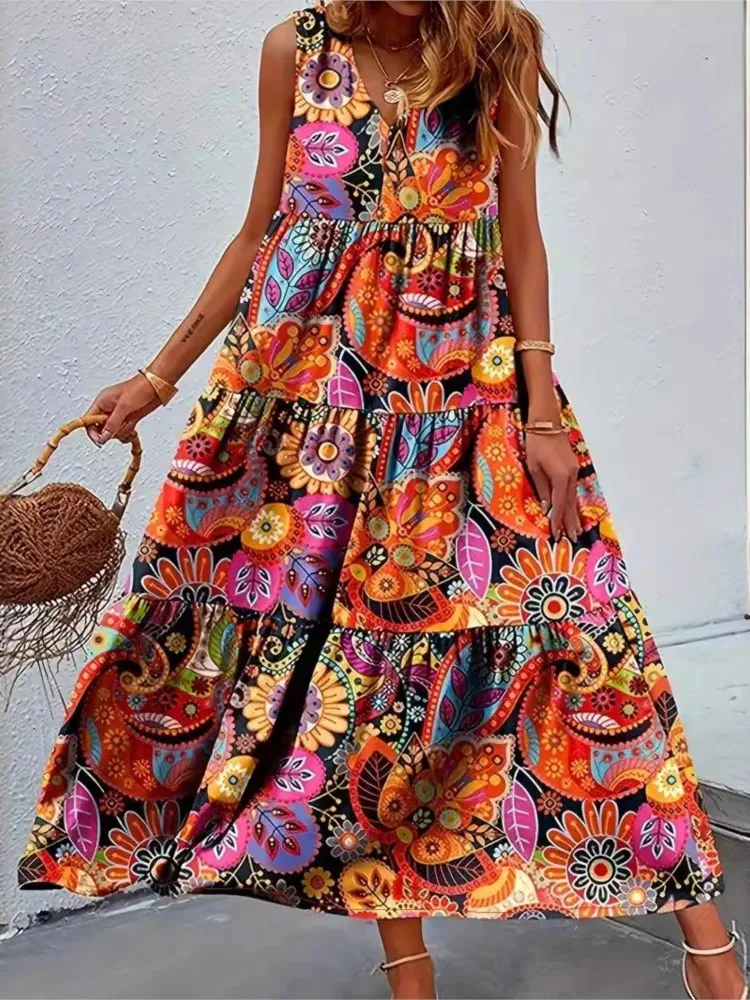 Fashion Floral Print Dress For Women Casual V Neck Sleeveless Loose Dresses  Robe Femme Boho Holiday Womens Clothing Summer New - AliExpress 200000345