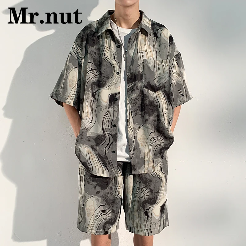 

Mr.nut Set Men Short Sleeve Ice Silk Clothes Outfit Summer Men's Clothing Hawaiian Beach Vacation Shirt and Short 2 Piece Set