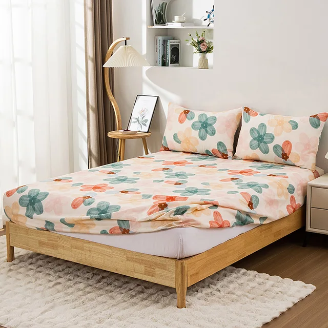 3PC Flower World Fitted Sheet Floral pattern 100%Polyester 1Fitted Sheet 2Pillowcase Queen/King Size Four Seasons No Pillowcase 3