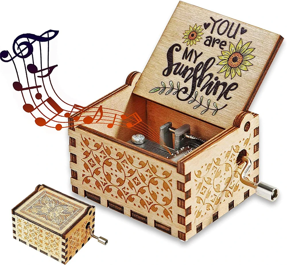 Wooden Music Box Hand Cranked Movement You are My Sunshine Gifts for Children Birthday Present Home Decoration