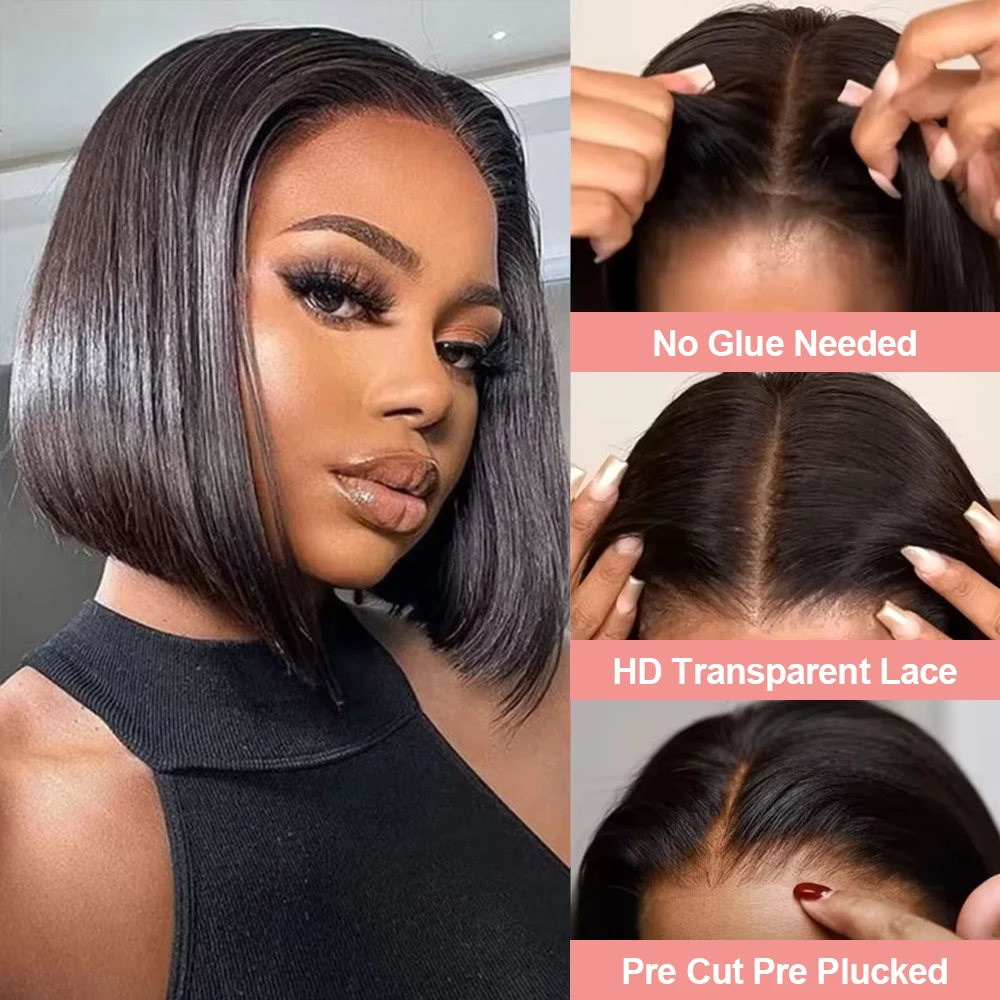 250% Density 13x6 13x4 Lace Frontal Wigs Silky Straight Human Hair HD Lace Front Bob Wigs Pre Cut Glueless Straight Bob Wigs 2