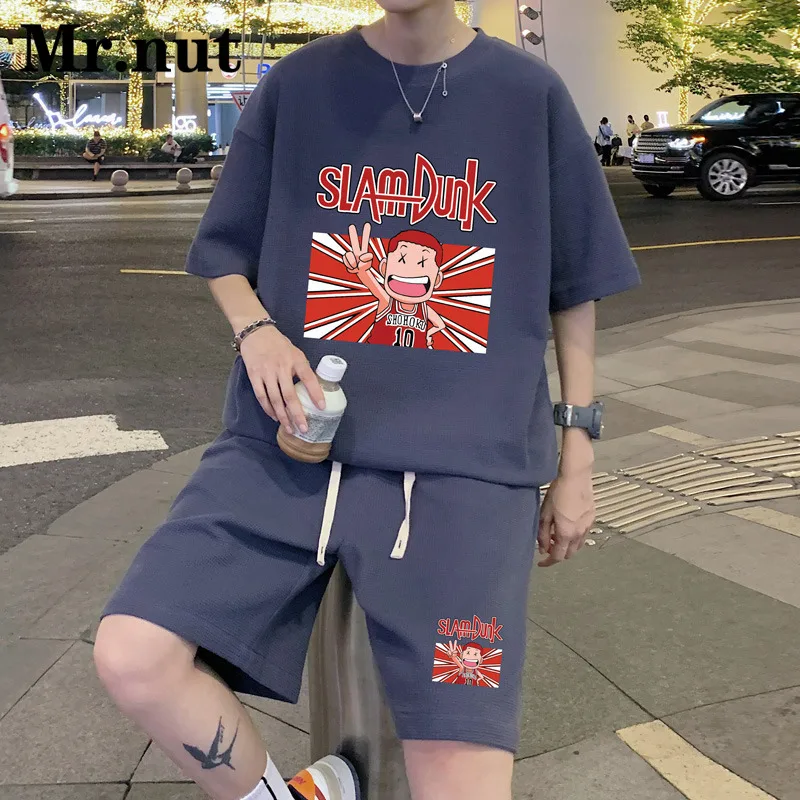

Мужской спортивный комплект из 2 предметов Mr.Nut с аниме, летняя свободная спортивная одежда, крутая Молодежная Футболка, костюм, баскетбольная одежда, пляжная одежда в стиле хип-хоп, уличная одежда