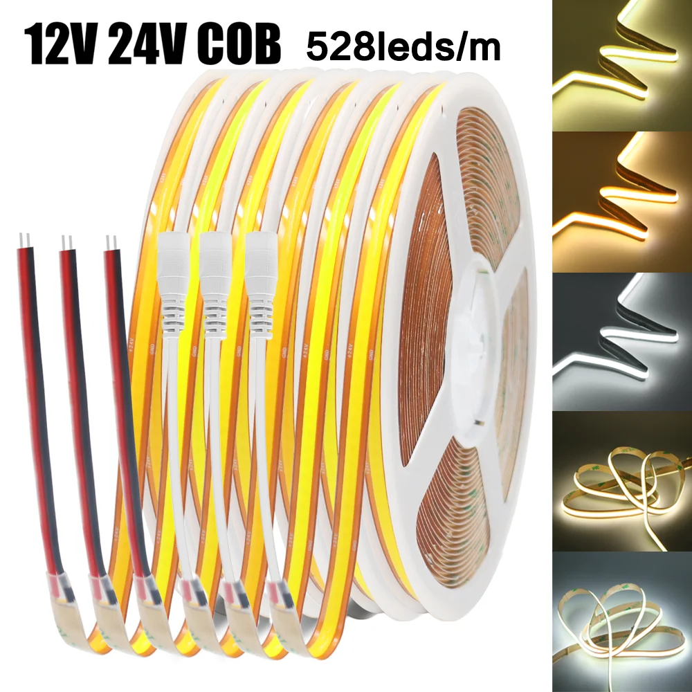 

FOB COB LED Strip Lights DC12V 24V 528LEDs/m Soft Flexible Ribbon Tape Rope Light 3000K 4000K 6000K High Density Linear Lighting