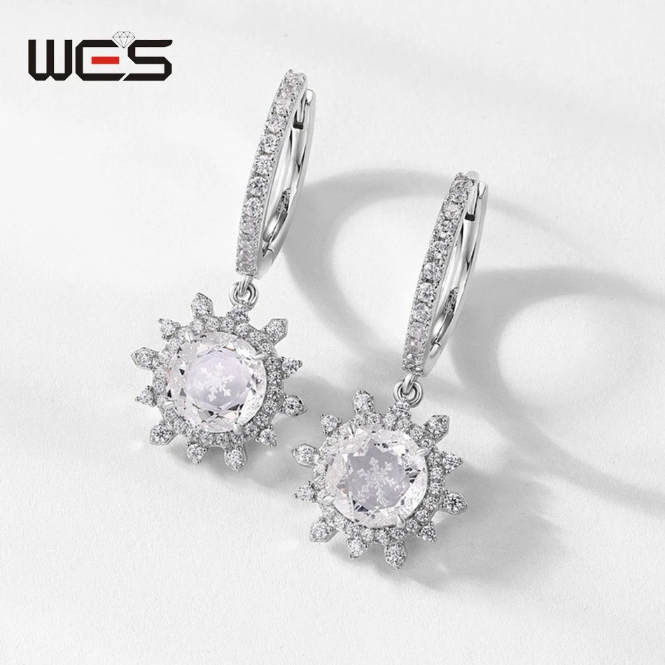 

WES 925 Sterling Silver Snowflake Earrings for Woman Rock Cystal Christmas Party Gifts Anniversary Engagement Fine Jewelry