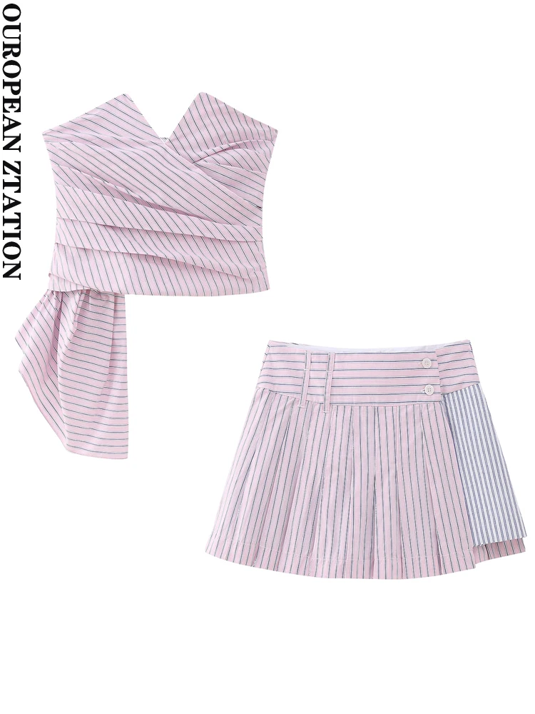 

PAILETE Women 2023 fashion strapless striped draped asymmetric hem top or high-waist patchwork skort two pieces sets mujer