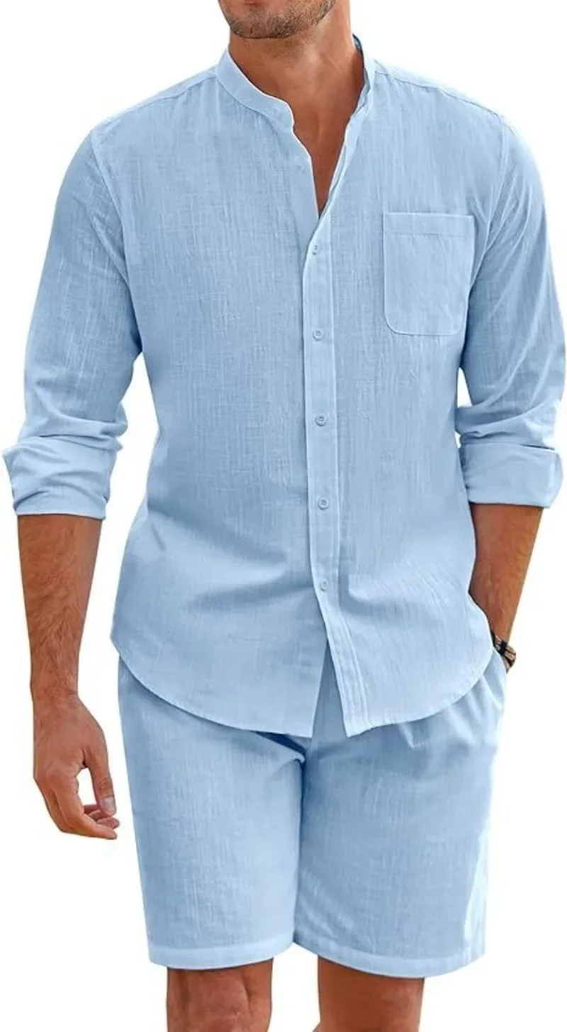 2024 Men's Two-piece Sets Cotton and Linen Comfortable Button Shirt Long Sleeve Shorts Cardigan Simple Casual Beachwear 6