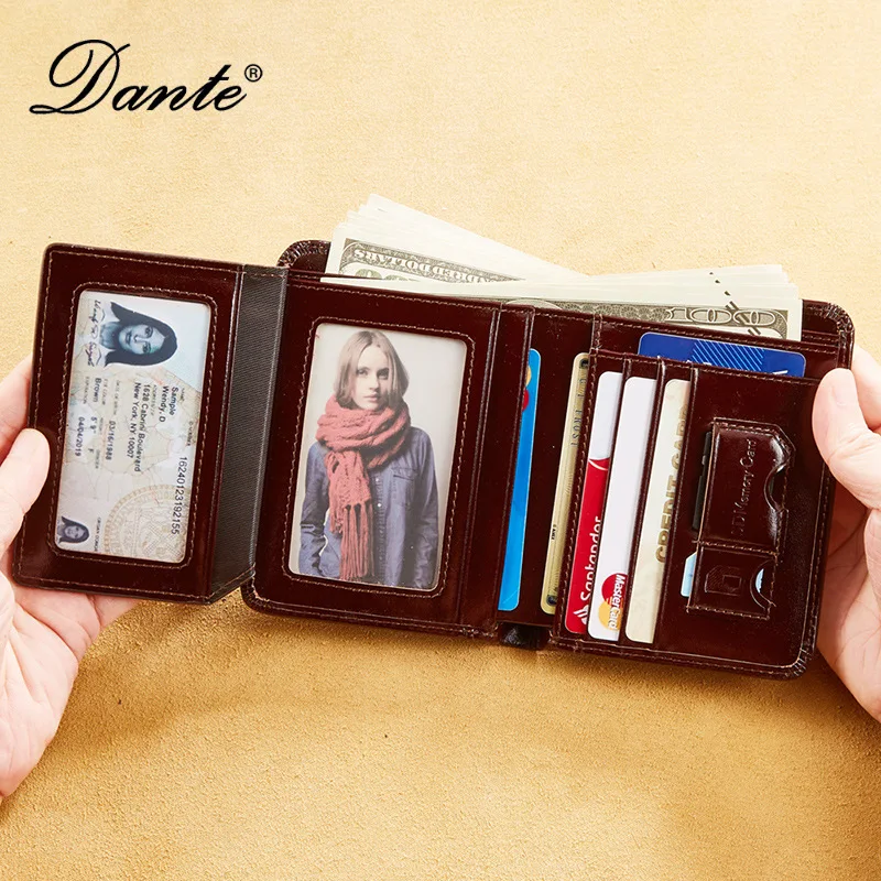 Men's Genuine Leather Oil Wax Top Layer Cowhide Anti Theft Vertical Short Wallet Card Holder