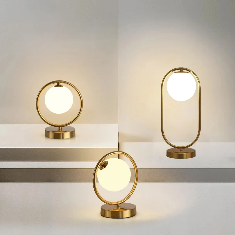 

Modern LED Table Lamps Brass Glass Lights Bedside Reading Desk Lamp Fixture Bedroom Hotel Home Decor Round Ring Desk Lights