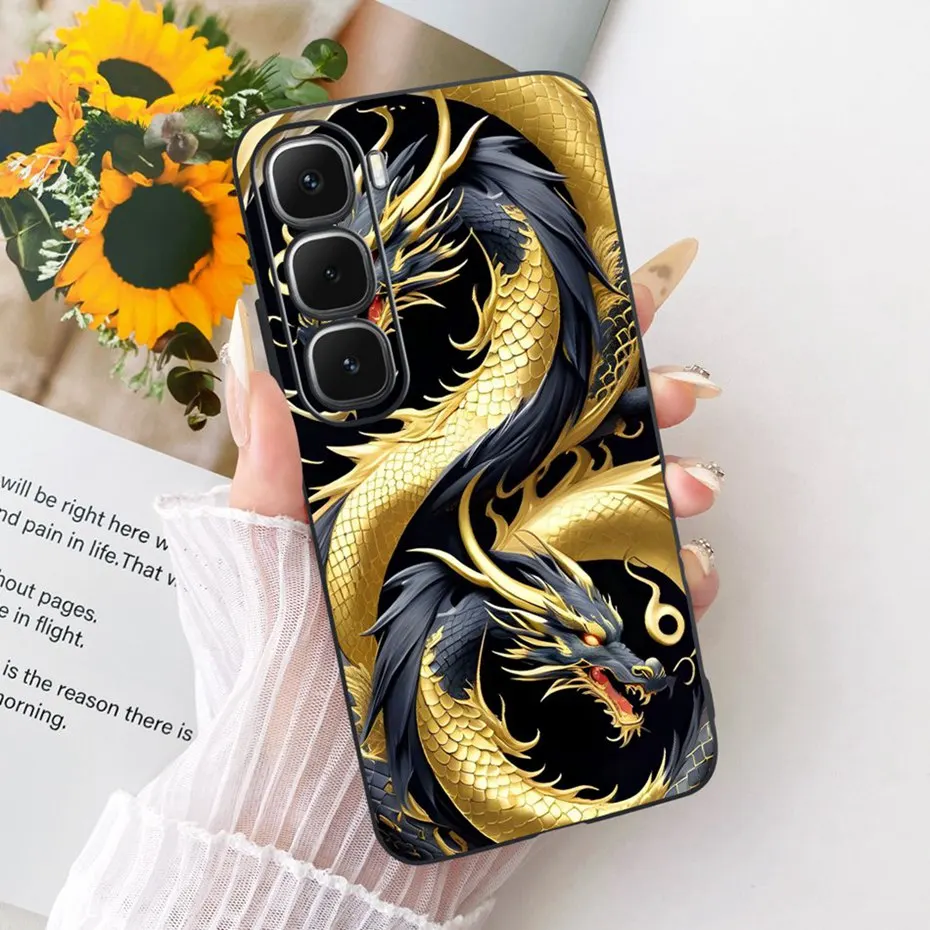 Enhanced Black Silicone Soft Phone Case with Cool Dragon, Wolf, and Tiger Design