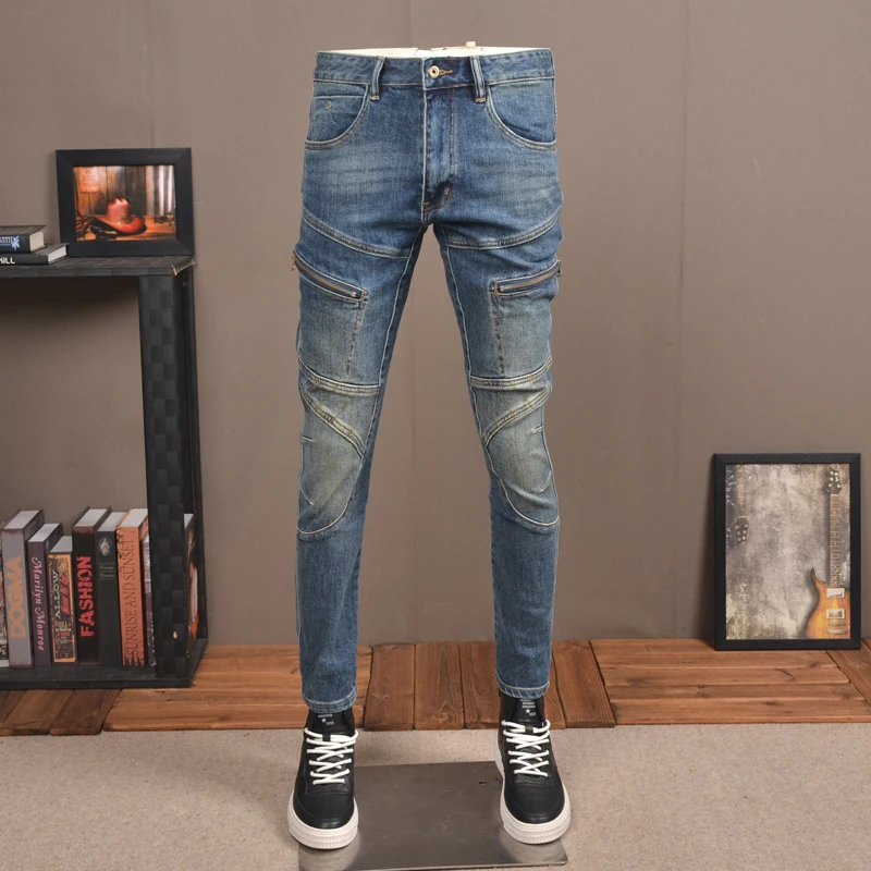 street fashion men jeans retro light blue elastic spliced designer biker jeans homme hip hop slim stretch denim cargo pants men Street Fashion Men Jeans Retro Blue Slim Fit Stretch Spliced Biker Jeans Homme Patch Designer Hip Hop Pants Men Punk Trousers