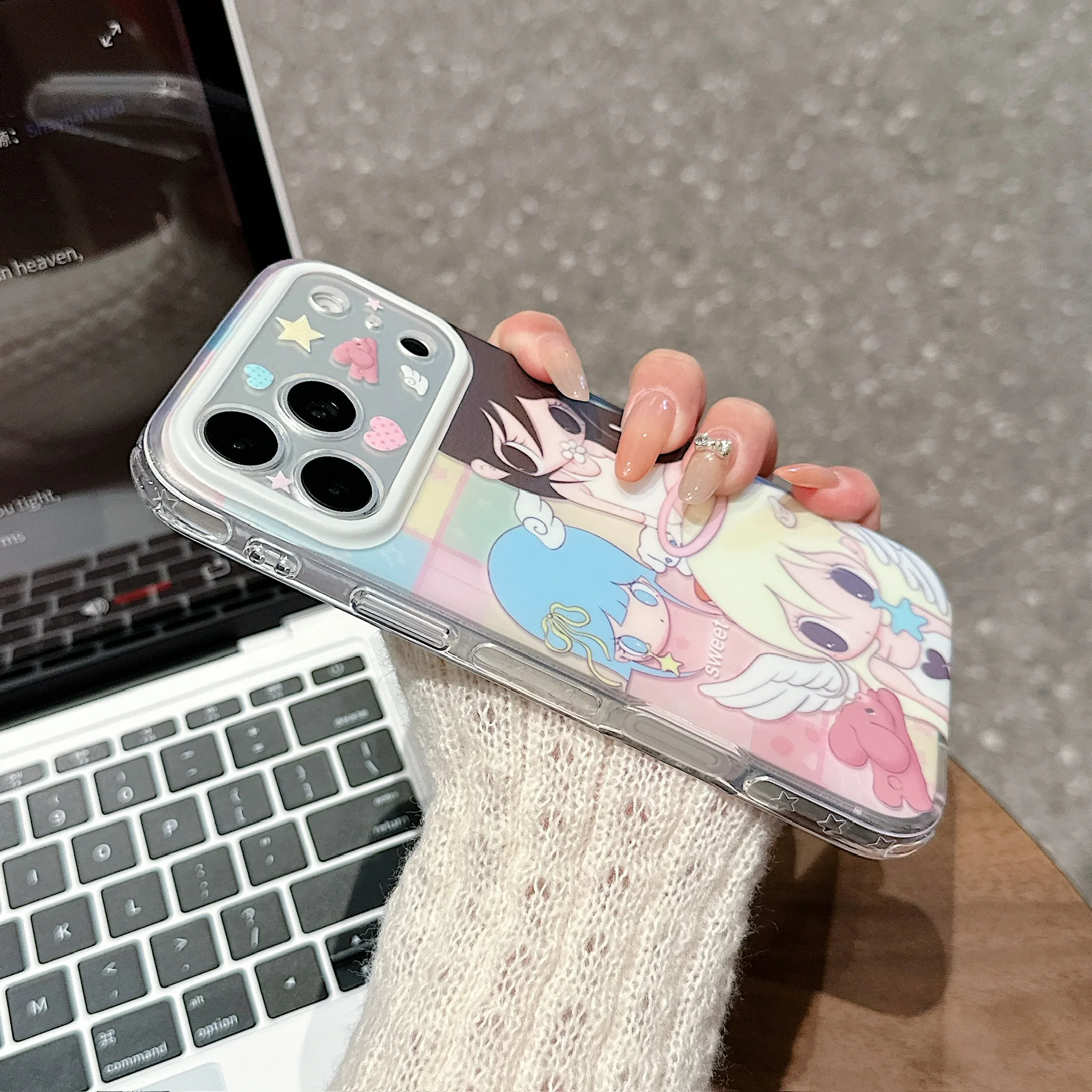Y2K Sweet Big Eye Angel Girl Phone Case with Bear Star Print - Trendy Aesthetic Shockproof Cover