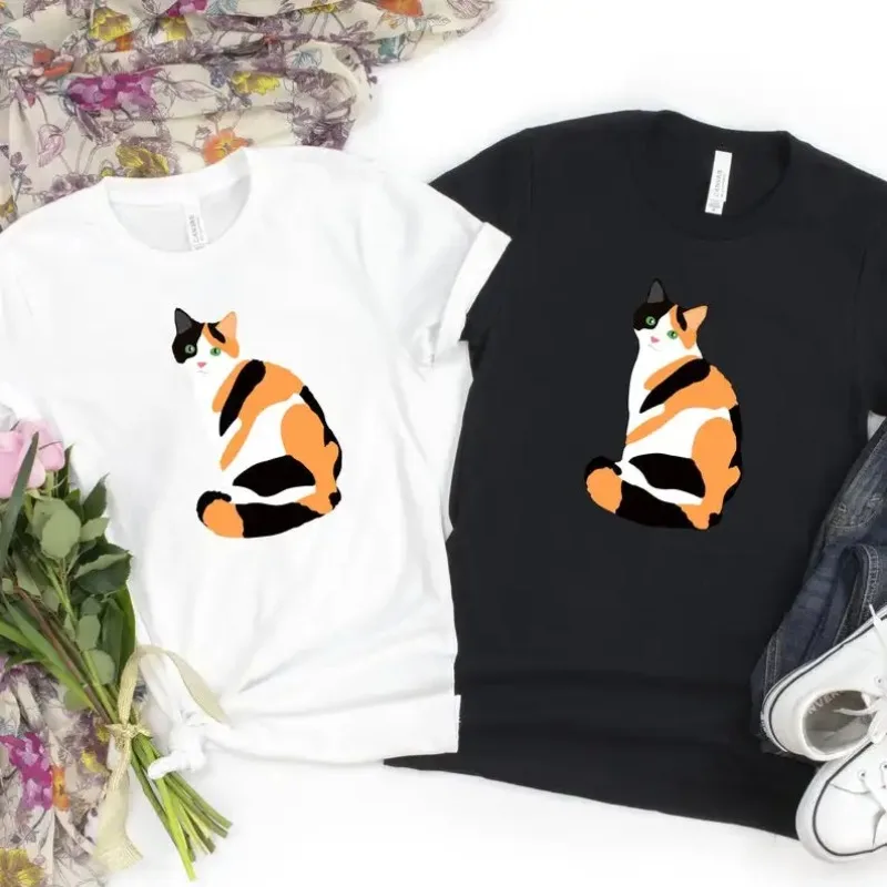 

Women Cotton T-shirt Calico Cat Mom Lover Art Portrait Cat Shirt Kawaii Fashion Shirt Plus Size O Neck Graphic Short Sleeve Top