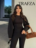 TRAFZA Femmes Nouvelle Mode Minceur 2-Pièce Ensemble Double-Face Tissu Tour Cou Manches Longues Haut + Élégant Stretch Casual Long Pantalon 4