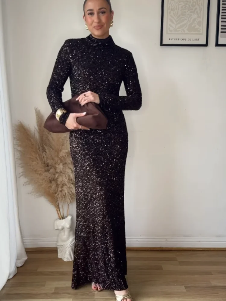 Sleeveless Elegant Sexy Long Sequined off-Neck Backless Evening Dress Split Maxi Dress