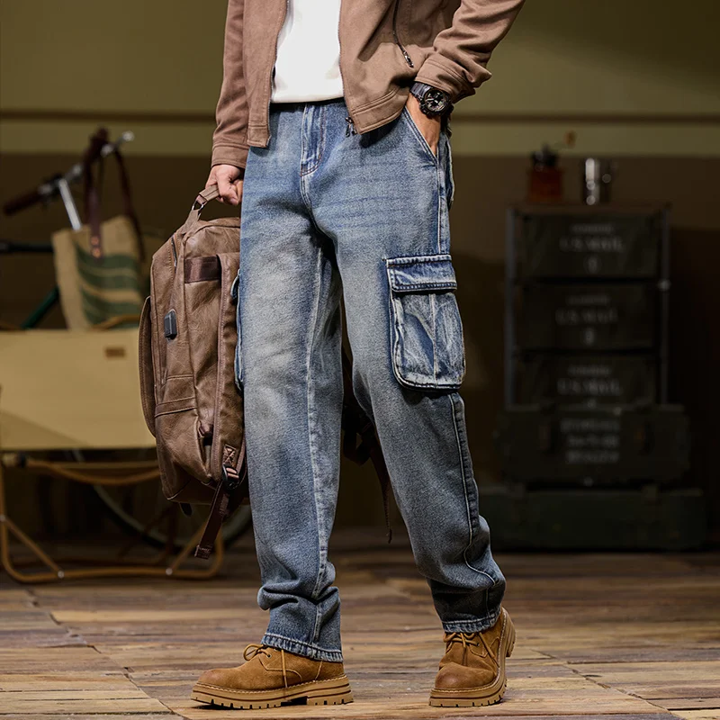Autumn and winter new styles Men's outdoor multi-pocket cargo jeans Straight loose casual stretch fashion jeans for men 5