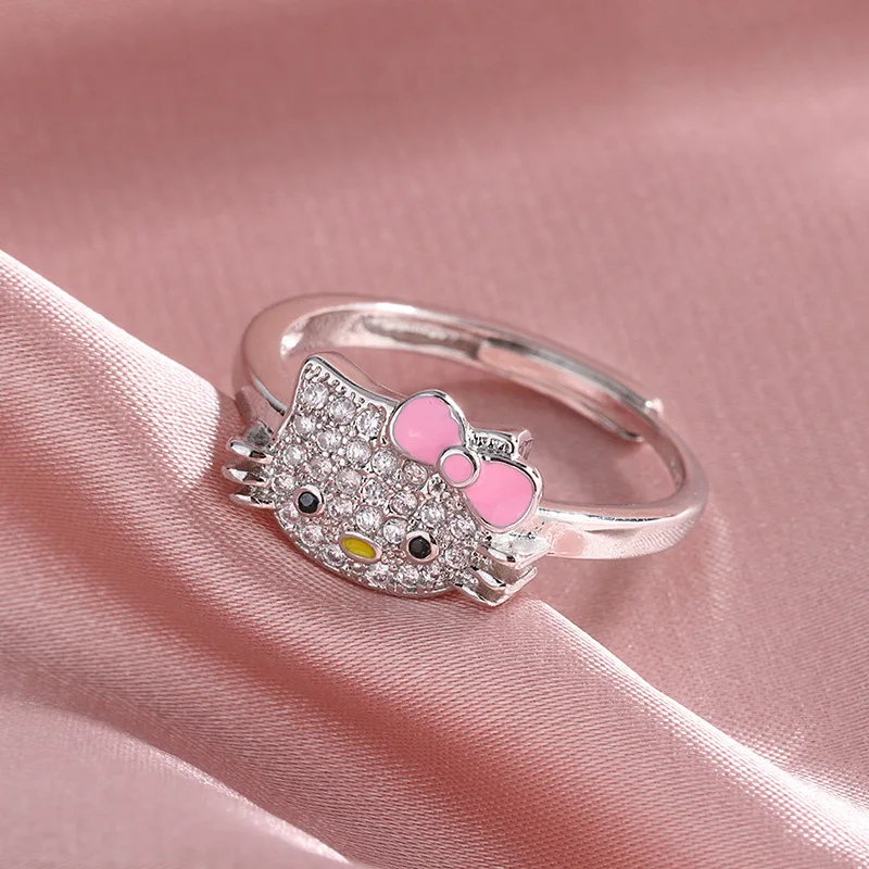

Kawaii Sanrio Accessories Hello Kittys Peripherals Open Diamond Ring Cute Beauty Open Ring Simple Hand Jewelry Fashion Girl Gift