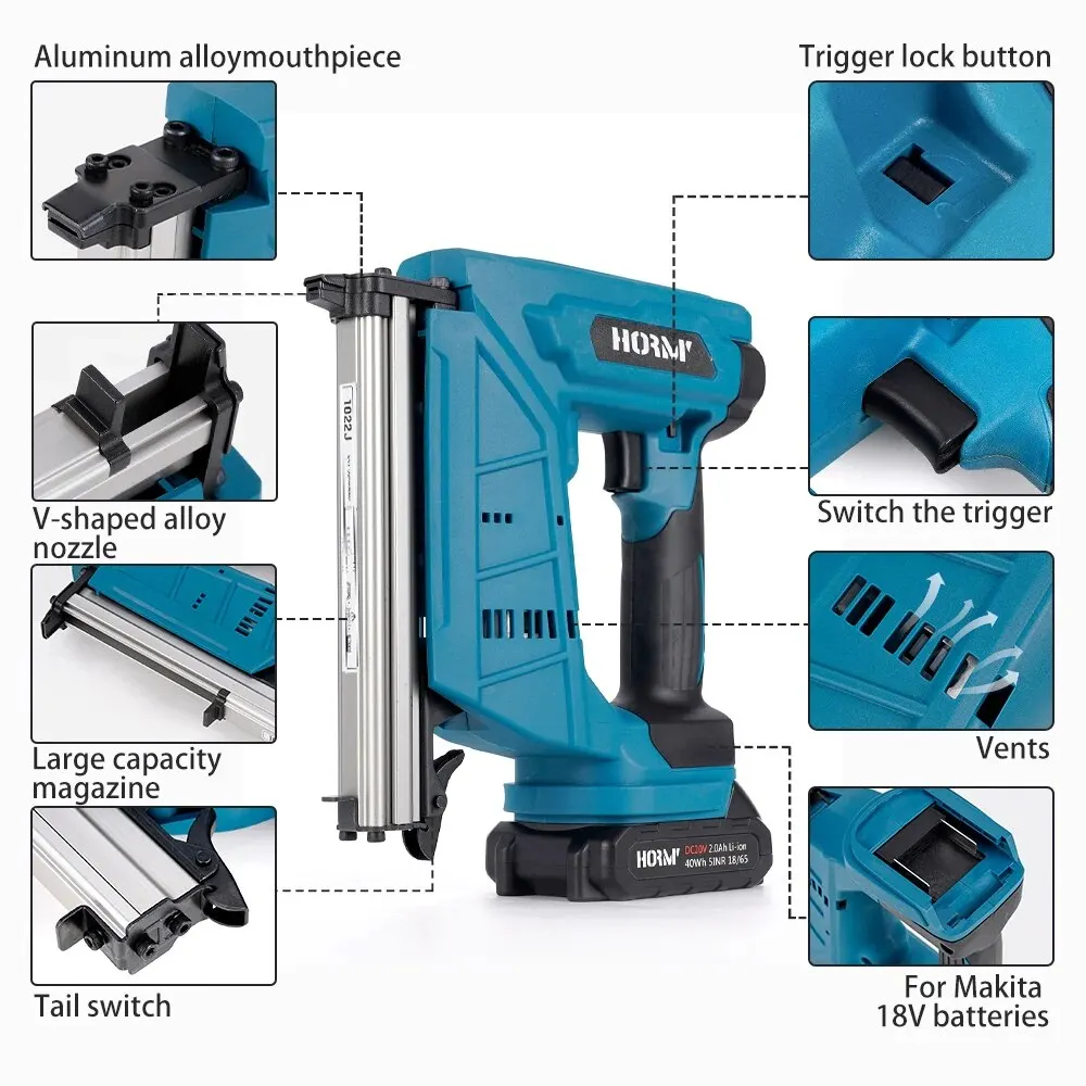 Hormy 1022J Cordless Electric Nailer Stapler Gun Home DIY For Makita 18V Li Battery Profession With Nails Woodworking Power Tool 4