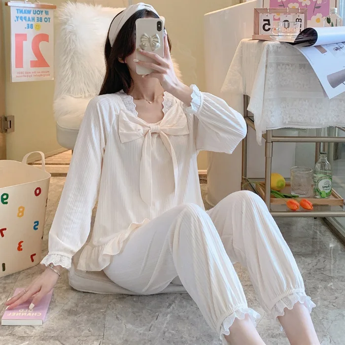 white pajama set Spring and Autumn New Pajamas Women's Solid Color Princess Style Bow Lace Cute Sweet Home Wear A406 sleep tops sleep wear Pajama Sets