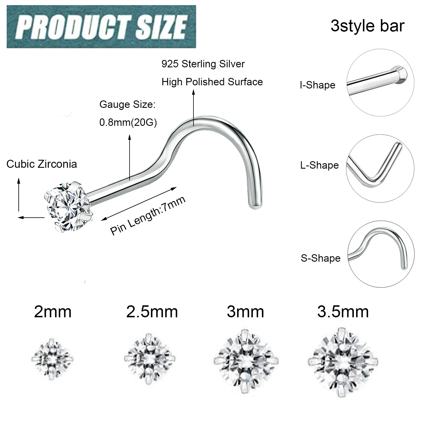 ZS 1PC 18/20G 925 Sterling Silver Nose Stud Gold Color Crystal Nose Piercings Screw L-Shape Retainer Nostril Piercing 2-3.5mm 2