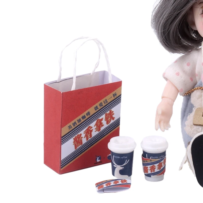 

1Set 1:12 Dollhouse Miniature Sauce Latte Coffee Drink W/Paper Bag Cup Sleeve Living Scene Decor Toy Doll House Accessories