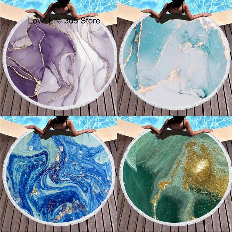 

Gilt Marble Printed Microfiber Circular Beach Towel Flowing Sand Fringed Round Beach Towel Mat Bohemian Outdoor Camping 150cm