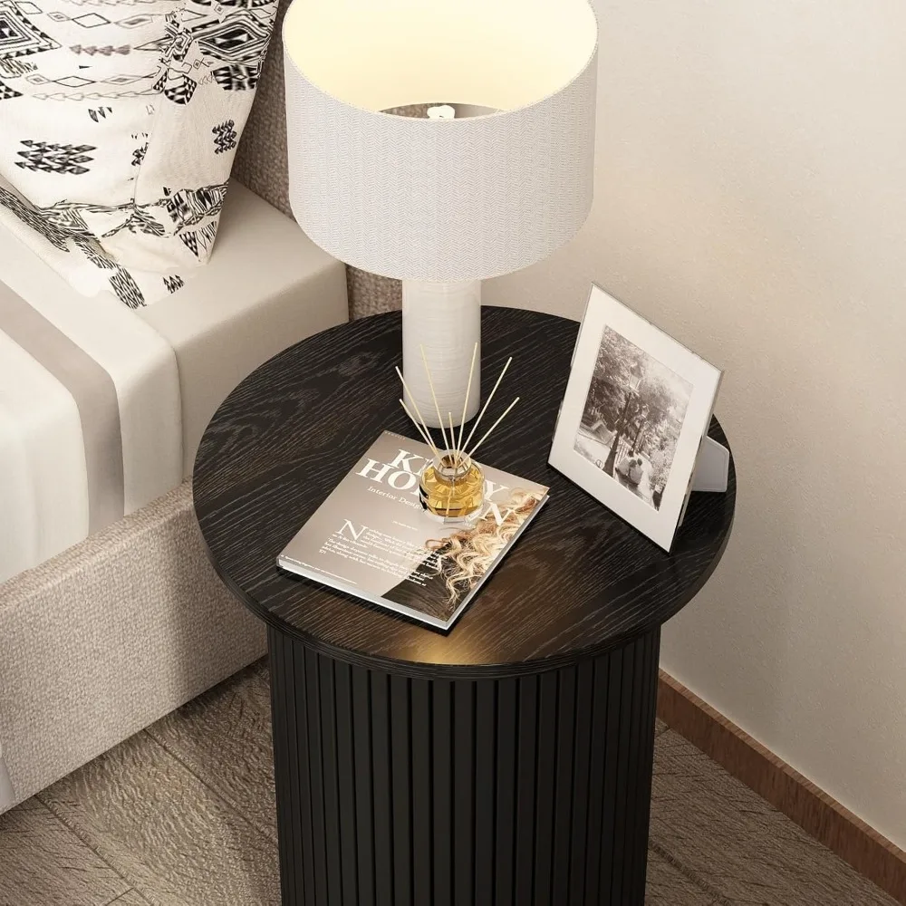 Round Fluted End Table, Small Accent Pedestal Side Table, Wood Fluted Nightstand Bedside Table for Living Room, Handcrafted Fin 6
