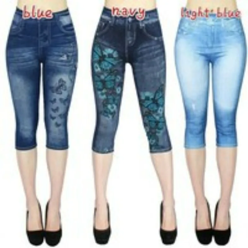 

2024 Autumn Winter Imitation Denim Leggings Women's Cropped Pants Simple Printed High Waist Women's Pants