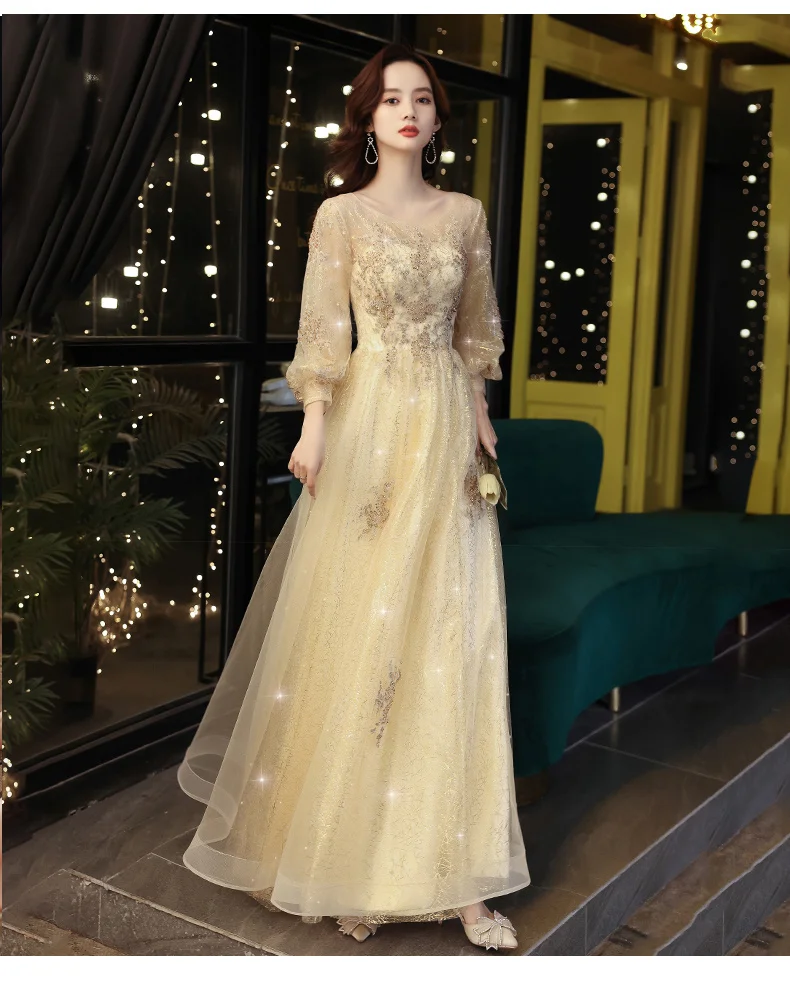 Gold Evening Dresses With Long Sleeves Elegant O-Neck A-Line Floor-Length Luxury Appliques Sequined Tulle Women Wedding Party gold evening gowns