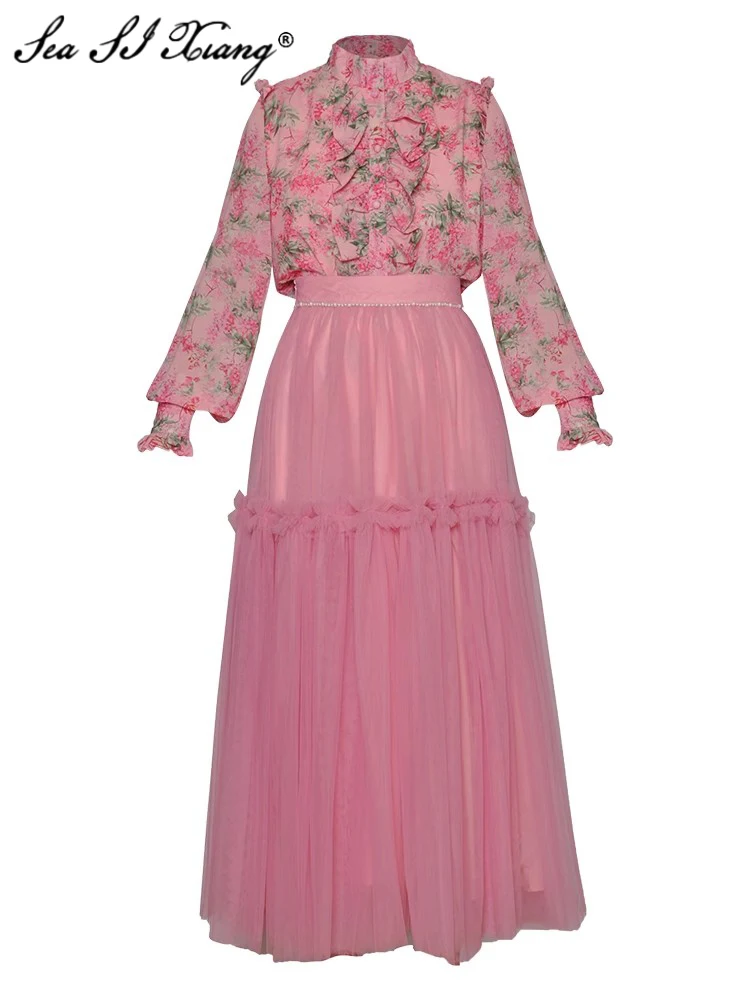 

Seasixiang Fashion Early Autumn Suit Women Stand Collar Lantern Sleeve Print Ruffles Shirt + Beading Mesh skirt Two-Piece Set