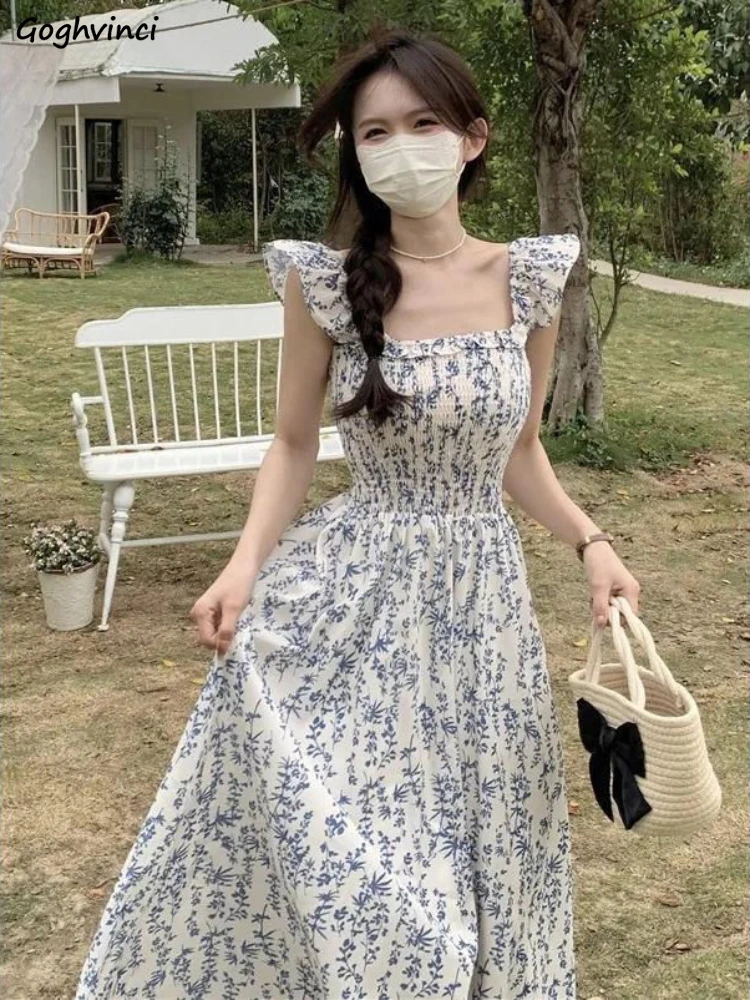 

Long Dresses Women Summer Floral Print Elastic Waist Loose A-line Slim Square Collar Sweet Korean Style Comfortable Casual Chic