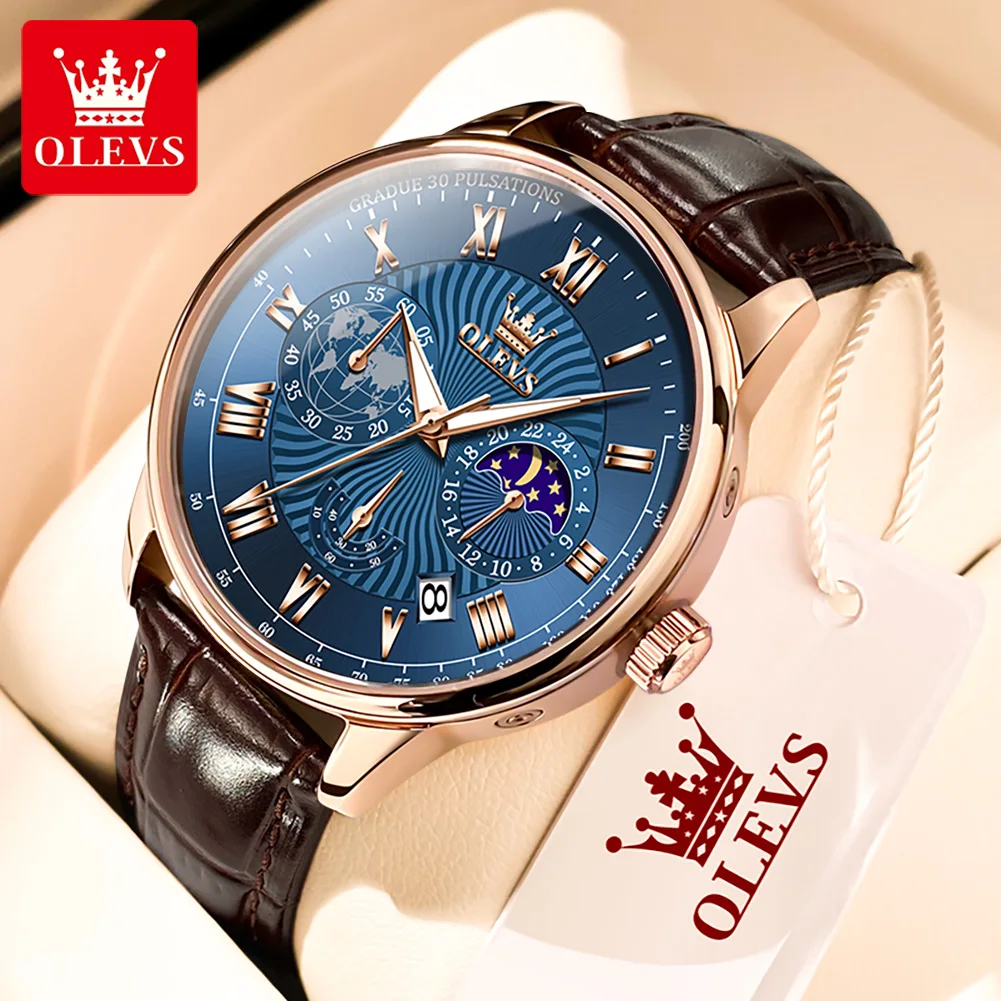 Olevs Luxury Brand Moonswatch Fashion Orologio Al Quarzo Per Uomo Cinturino In Pelle Cronografo Da Uomo Impermeabile Moon Phase Orologio Da Polso Da U