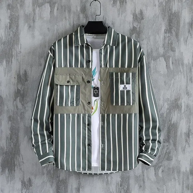 Male Top Striped Men's Shirt and Blouse Long Sleeve with Pocket Clothes High Quality Sleeves Regular Asia Social Slim Fit Button
