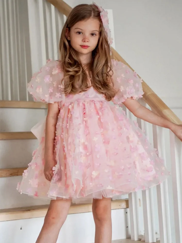 

Gardenwed Pink Flower Girl Dresses Scoop Neck Bob Sleeves Princess Dress Puffy Girl Dress Wedding Party Gowns
