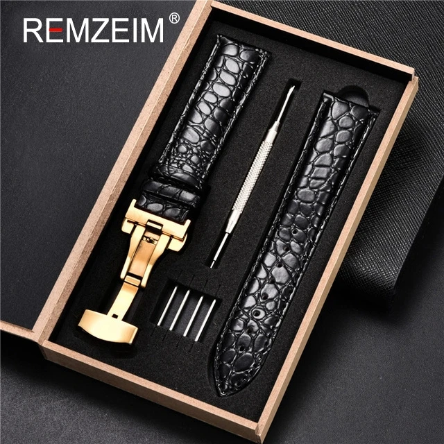 Luxury Embossed Leather Watch Strap with Butterfly Clasp